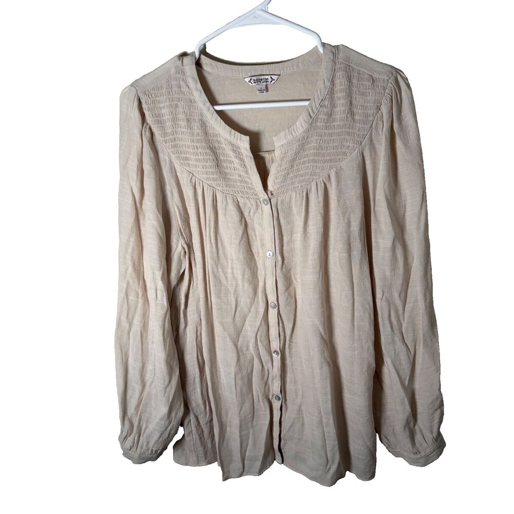 Nanette Lepore Blouse Women's Large Beige Button Up Long Sleeve Lightweight